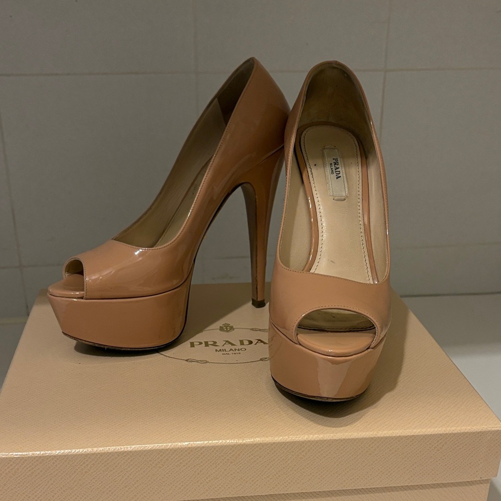 Prada Nude Patent Leather Peep-Toe Platform Heels